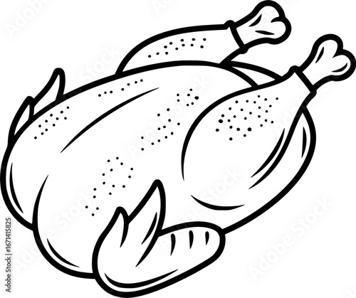 A simple black and white illustration of a whole roasted chicken with legs and wings tucked