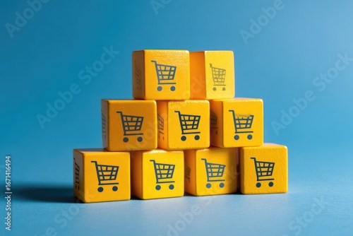 Stacked yellow blocks with shopping cart icons