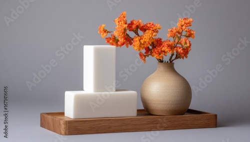 White blocks and orange flowers on wooden tray