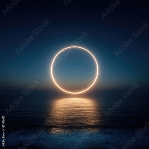 Glowing ring over calm ocean at night