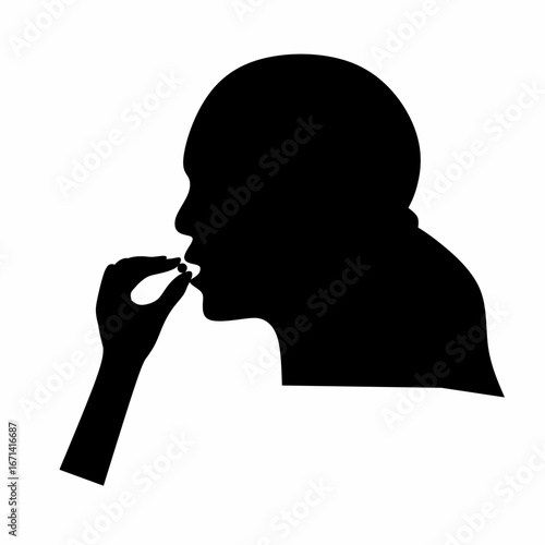 Medicine pill icon. A woman's head with an open mouth and a hand holding a circular pill. Isolated on a white background. Vector illustration.