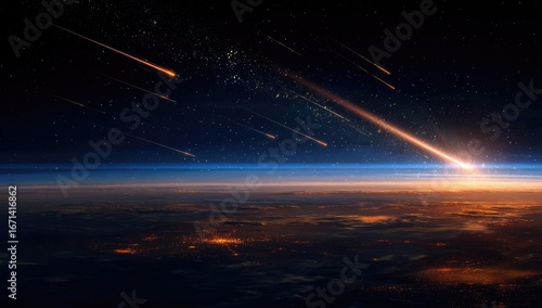 Meteor shower over Earth from space