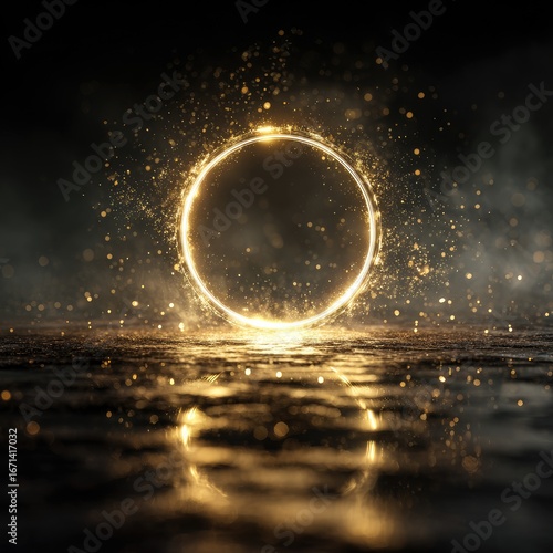 Golden ring of light on dark reflective floor