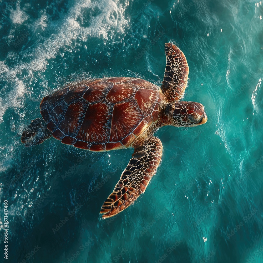 Fototapeta premium Sea turtle glides above turquoise water