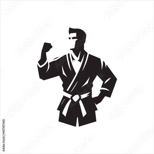 Silhouette of a Confident Martial Artist in Karate Uniform Ready to Fight.