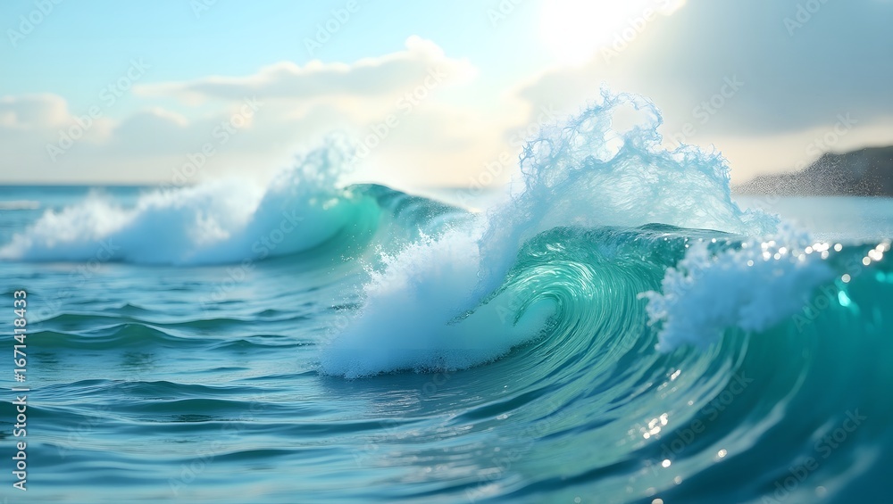 Fototapeta premium Rolling Ocean Waves with Sparkling Sunlight and Emerald Water, The Power and Tranquility of a Perfect Seascape, Translucent Waves Crashing on a Sunny Day, Liquid Motion A Series of Foaming Ocean