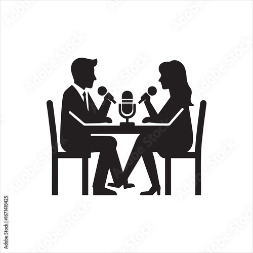 Silhouette of podcast hosts man and woman with microphones at table.