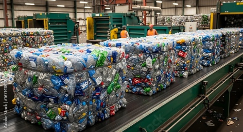 Compressed plastic bottle bales moving on a conveyor line at a recycling plant.