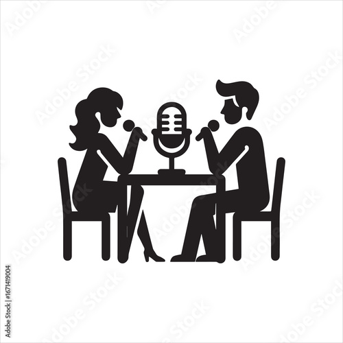 Silhouetted Podcast Hosts with Microphone Seated at Table Recording Session.