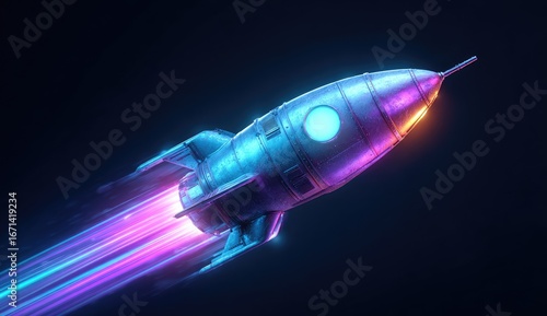 Retro rocket launching, vibrant neon trails against dark background