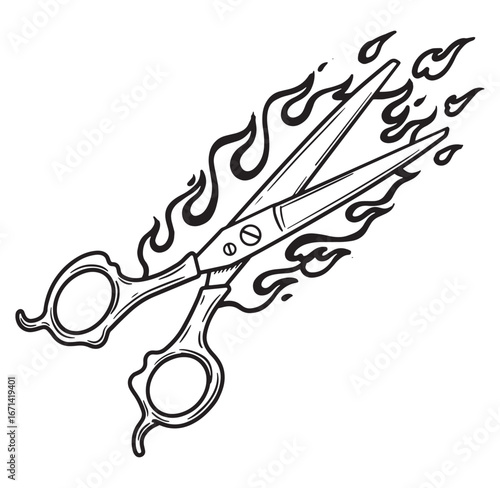 Detailed black and white illustration of barber scissors with flames emanating from them