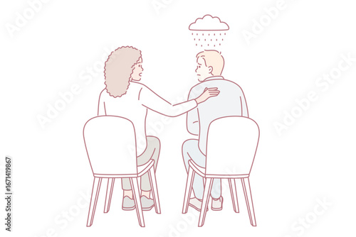 Empathy, support and understanding concept. Young smiling woman sitting Comforting her sad disappointed friend consoling and encouraging her colleague vector illustration