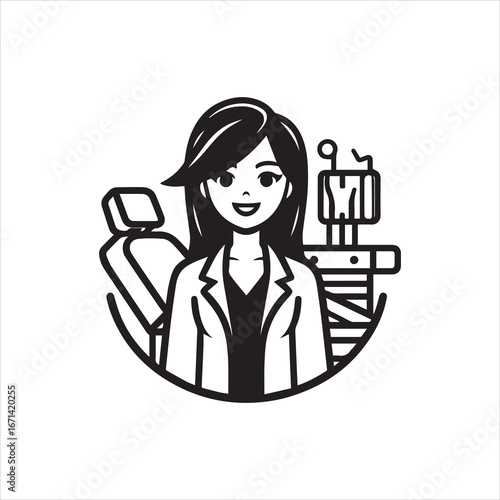 Smiling Dentist with Dental Chair and Equipment in Minimalist Illustration.