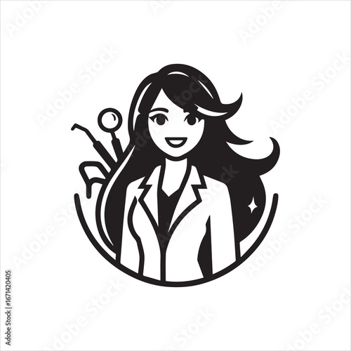 Smiling Dentist with Dental Tools in a Modern Stylized Logo Design.