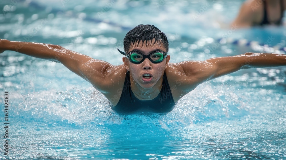 Fototapeta premium Determined female swimmer executing butterfly stroke.