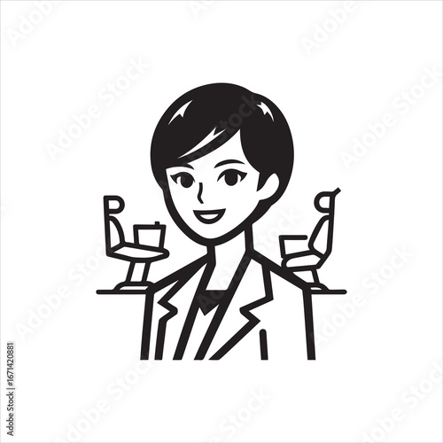 Smiling Flight Attendant with Drinks and Airplane Seats.