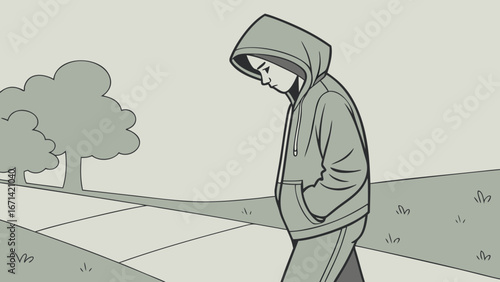 "Walking Alone in Hoodie Vector – Lonely Person Silhouette Illustration"