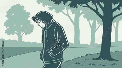 "Walking Alone in Hoodie Vector – Lonely Person Silhouette Illustration"