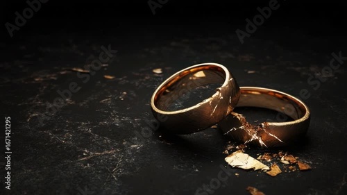 Broken Wedding Rings Symbolizing Heartbreak and Lost Love on Dark Background