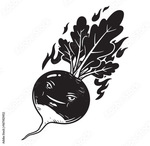 Illustrated black and white radish with a face representing a healthy food concept