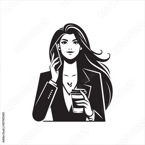 Stylish Businesswoman Talking on Phone with Coffee.