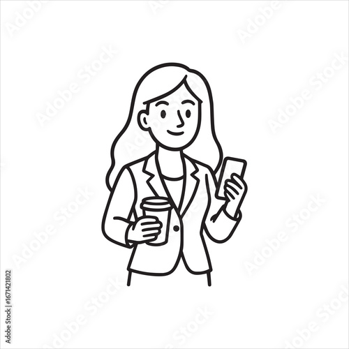 Stylish Woman with Coffee and Phone in Outline Style.