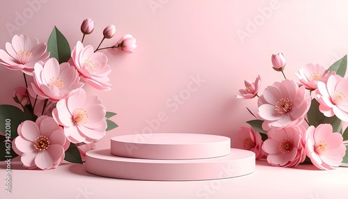 empty pink stage podium with pink flowers around