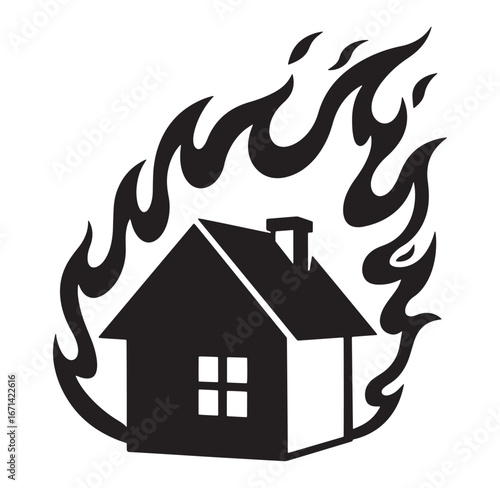 Monochrome illustration of a house in flames depicting disaster and destruction concepts