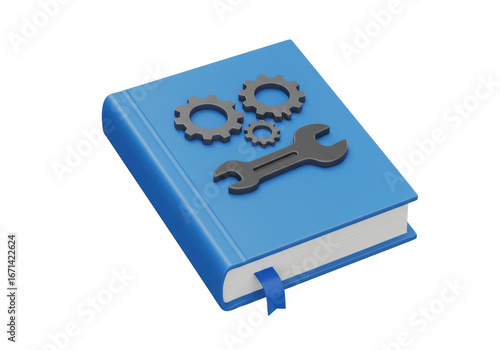 Isolated book about technology maintenance knowledge on blue cover with gears, wrench