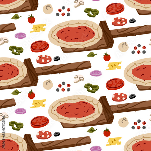 pattern of raw pizza on wooden spatula is ready for toppings. Toppings are available for selection. Sausage, spinach, cheese, olives, peppers, more. flat colorful seamless texture. homemade pizza