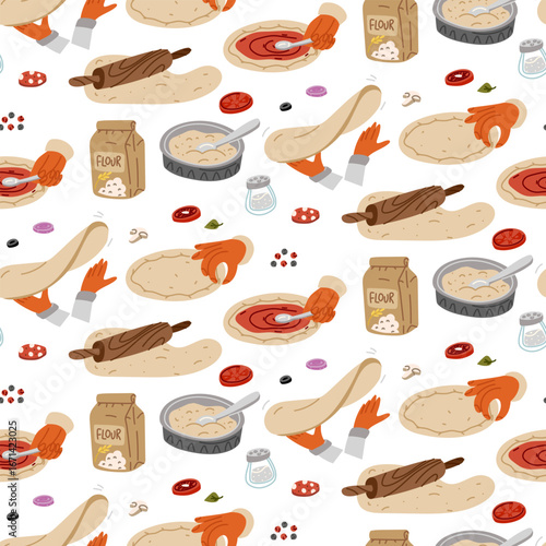 A pattern of ingredients and pizza-making processes. The chef's hands knead the dough, roll it out, and add the toppings. A flat, colorful, seamless texture. Cooking with the chef's hands