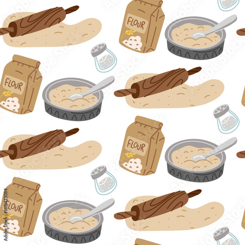 Pattern of ingredients for making dough. Flour, salt, kneading the dough in a mold, and rolling it out with a rolling pin. Flat, colored, seamless texture. Making the dough by hand at home