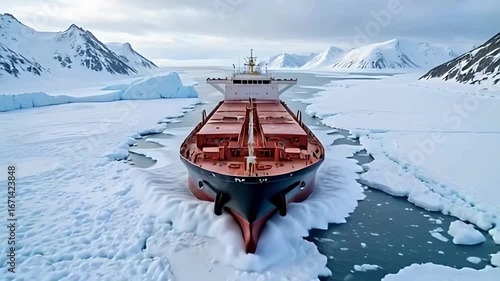 Powerful LNG Tanker Navigating Through Frozen Arctic Ocean