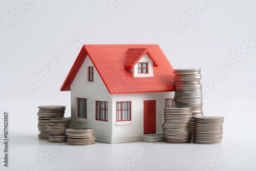 Miniature house atop stacks of coins on white background
