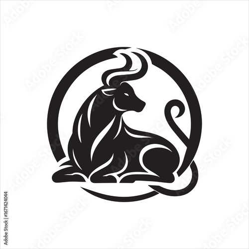 Stylized Black Bull Resting Inside a Bold Circle with Curled Tail.