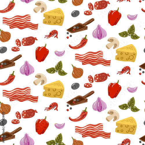 Pattern of whole and sliced products for pizza toppings. Cheese, sausage, pepper, mushrooms, shrimp, olives, onion, garlic, mint. Flat color seamless texture. Cute kitchen texture for towels, napkins