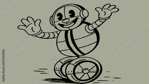 Illustration of a cheerful robot with raised hands riding a unicycle on a gray background design style silhouette