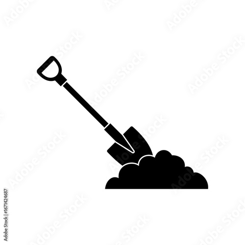 Black Shovel Digging into Soil Icon on White Background