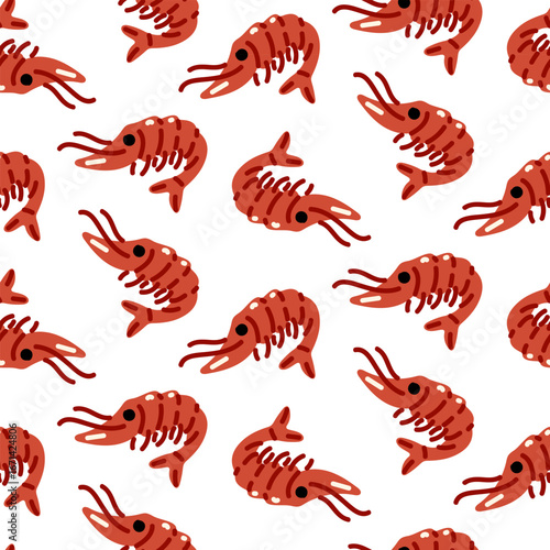 Fresh shrimp pattern. Red freshly cooked seafood. Underwater animal with head and long mustache. Flat color seamless texture. Random arrangement on white. Cute kitchen texture for towels, napkins