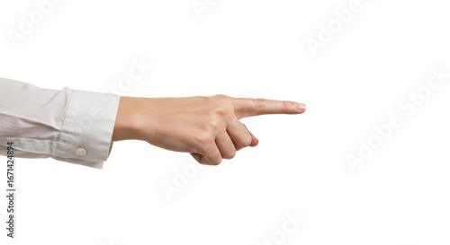 Clean unadorned human hand with light skin and well-maintained nails, neutral sleeve cuff, index finger pointing right on a pure transparent background, shadow-free. Concept of direction and