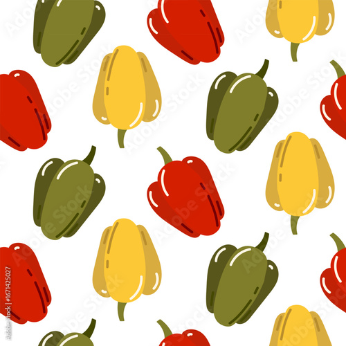 Pattern of multi-colored bell peppers. Whole red, yellow, and green sweet peppers. Flat color seamless texture. Bright, clean, multicolored, and fresh. Cute kitchen texture for towels and napkins