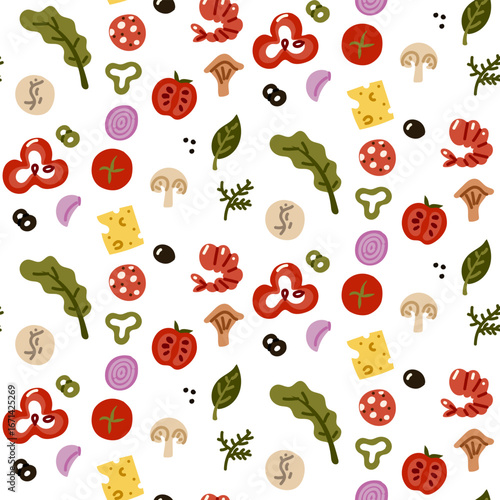 Pattern of sliced pizza toppings. Cheese, sausage, pepper, mushroom, shrimp, olive, onion, garlic, spinach, tomato. Flat color seamless texture. Bright, clean, colorful, fresh. Cute kitchen texture