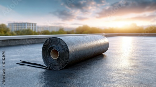 A 4K photo of roll of EPDM rubber material on a modern roof with a slight sheen, waterproofing.