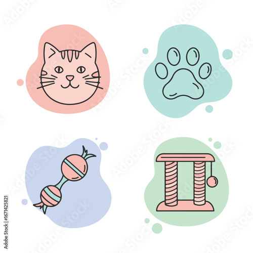 Cat doodles with toy and scratching post art on pastel blobs