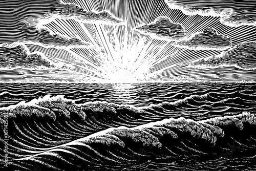 Majestic sunrise over endless Pacific Ocean, giant waves glowing under soft sky, inspiring marine beauty, black and white sketch.