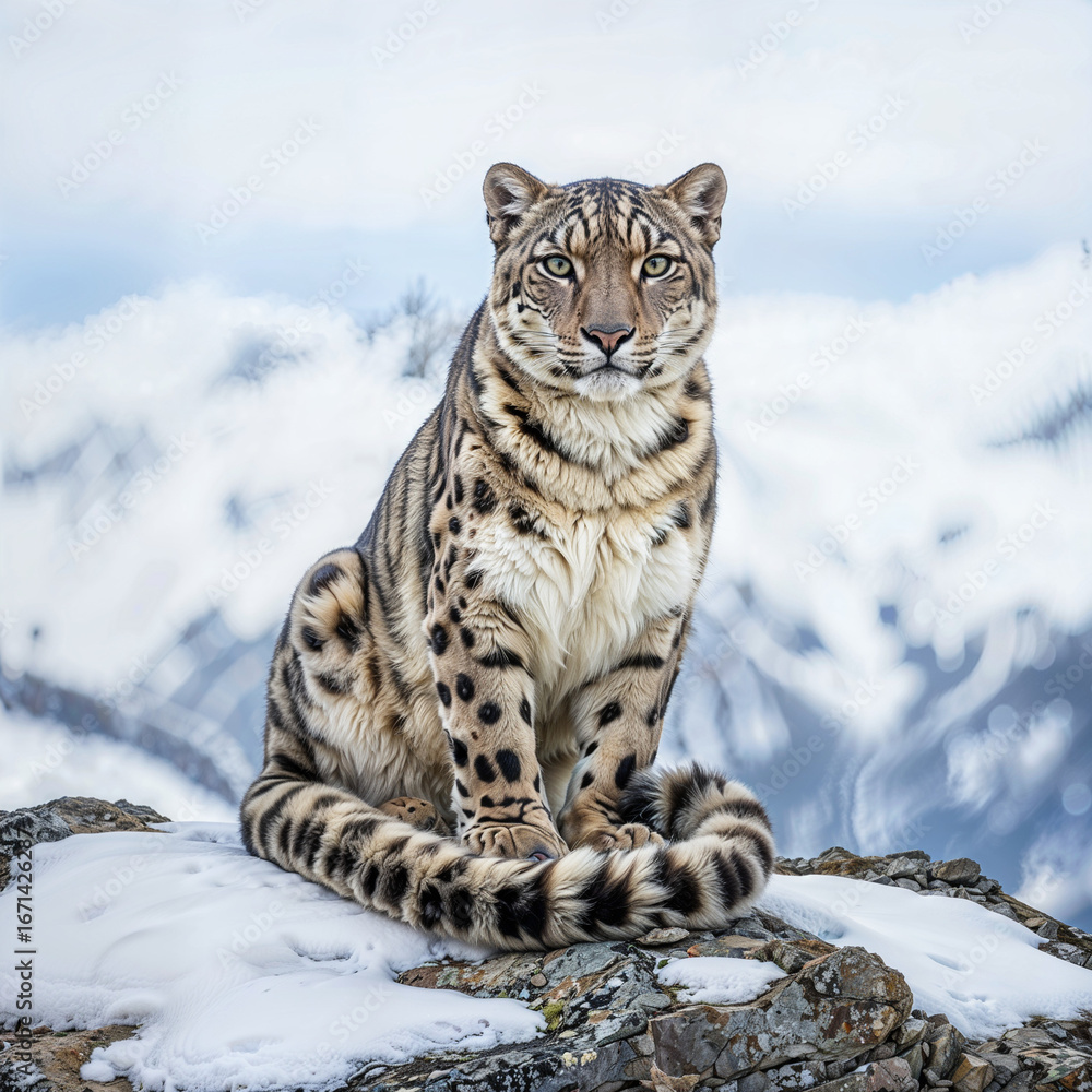 Fototapeta premium Snow leopard sitting on rocky surface in snowy mountain landscape 