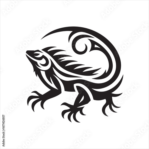 Stylized Black Lizard with Tribal Markings Curled Tail and Sharp Claws.