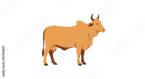 A single stylized tan colored zebu cattle standing profile view against a white background in a simple silhouette style