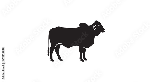 A striking black silhouette of a brahman bull standing proudly against a clean white background showcasing its distinctive hump and horns silhouette
