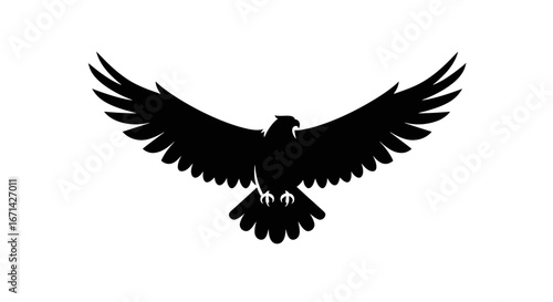 Majestic black silhouette of a powerful eagle with outstretched wings soaring against a clean white background symbolizing freedom and strength silhouette